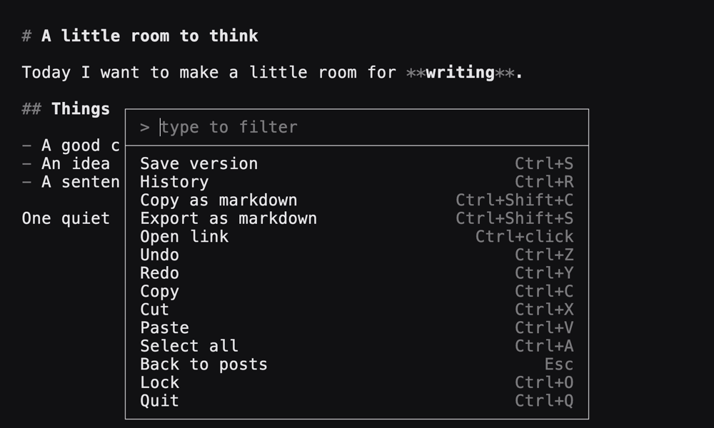 The command menu showing Save version, History, Export as markdown, and other commands