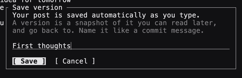 The Save version dialog with First thoughts entered as the version name