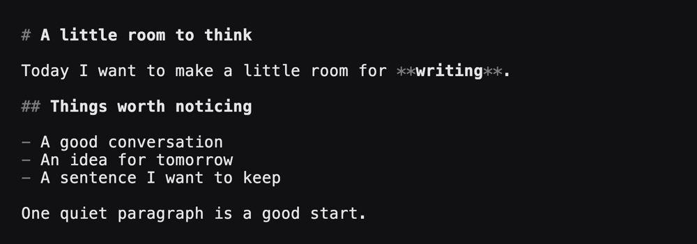 A post titled A little room to think with a bold word, a heading, and a list